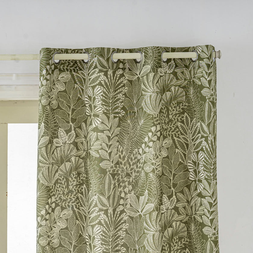 Dark Green Tropical Leaf Linen Texture Curtains Grommet Top 2 Panel