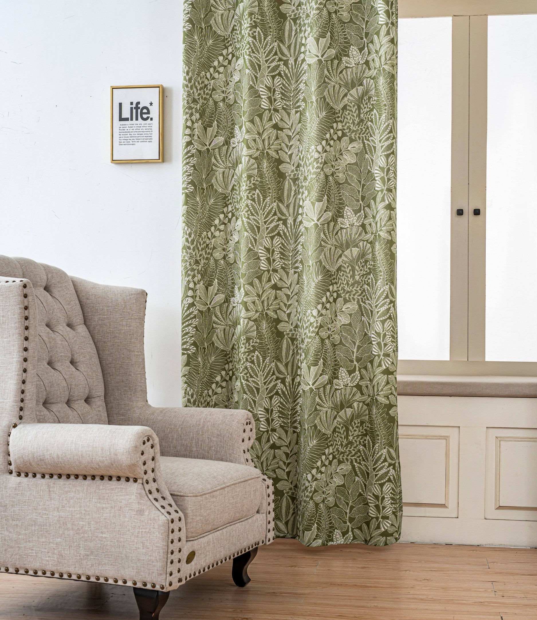 Dark Green Tropical Leaf Linen Texture Curtains Grommet Top 2 Panel