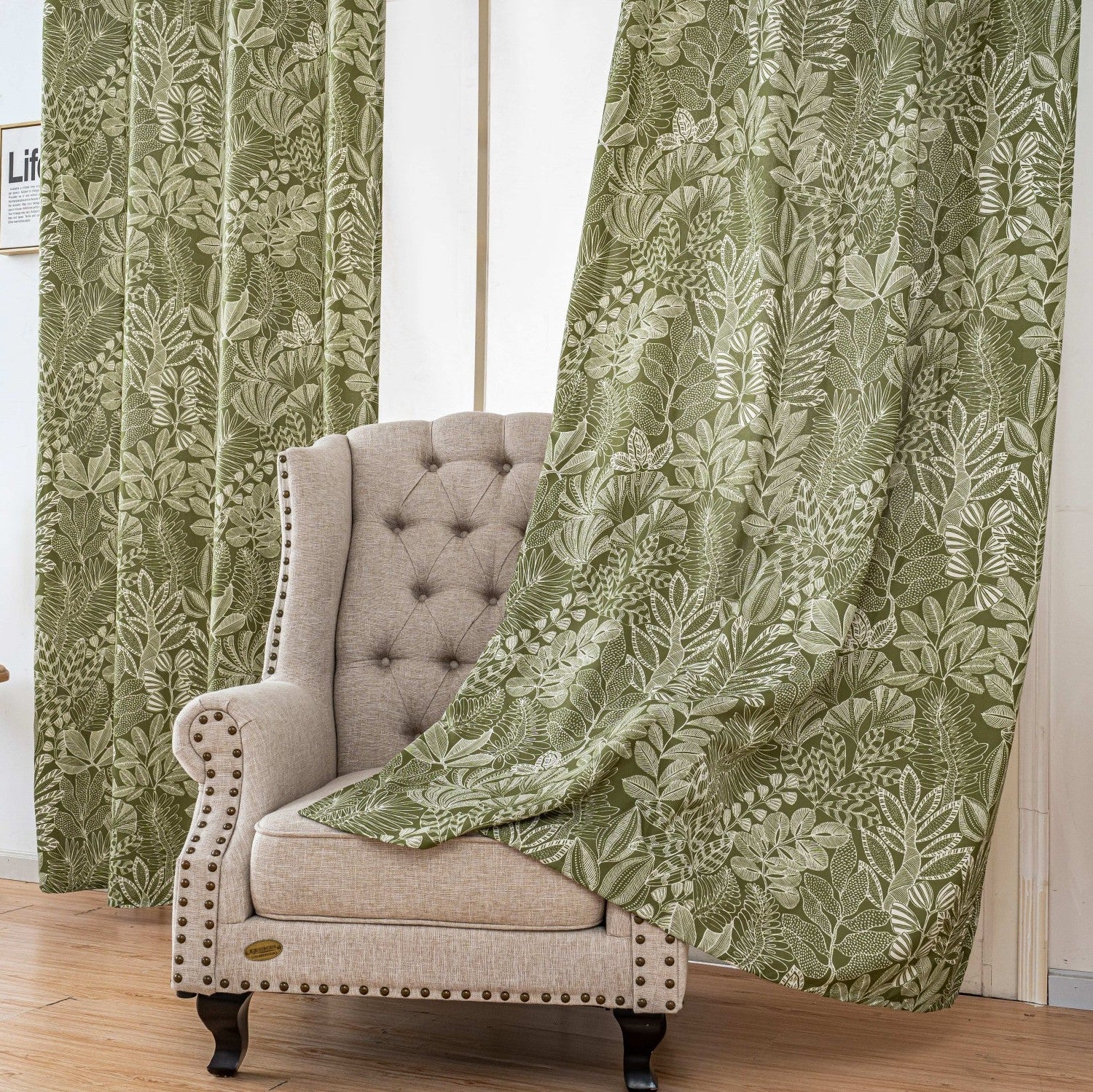 Dark Green Tropical Leaf Linen Texture Curtains Grommet Top 2 Panel