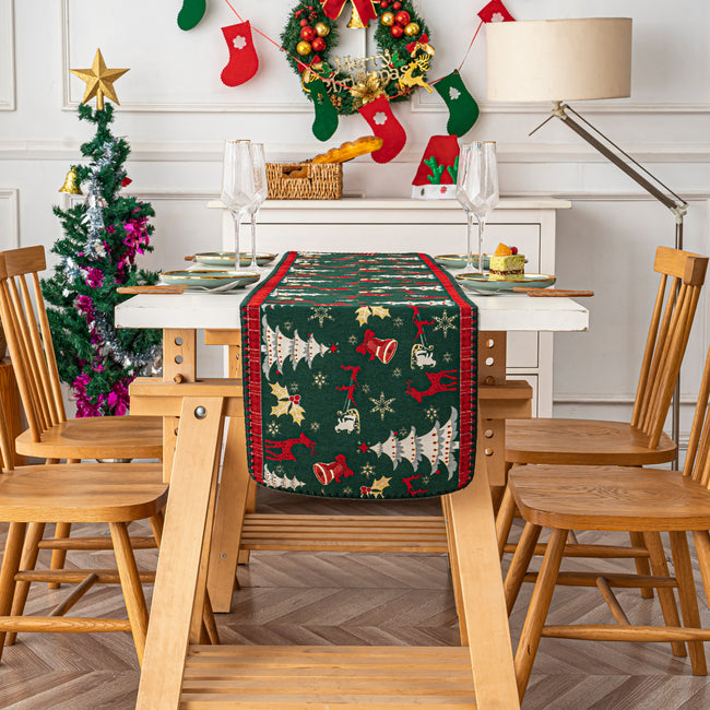 Dark Green Christmas Print Table Runner Holiday Table Decor Accessories