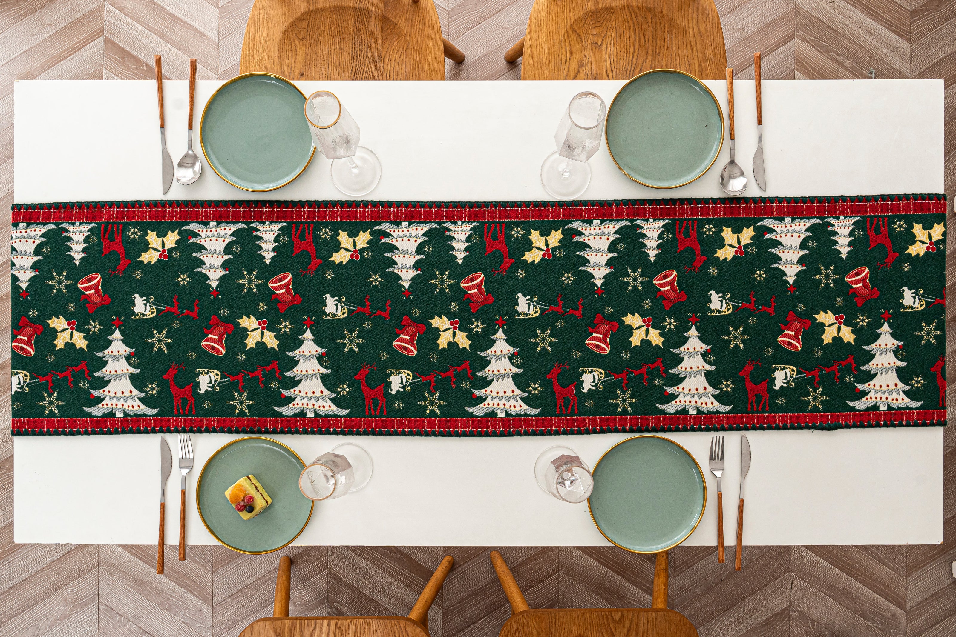 Dark Green Christmas Print Table Runner Holiday Table Decor Accessories