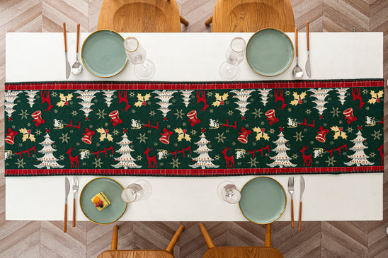 Dark Green Christmas Print Table Runner Holiday Table Decor Accessories