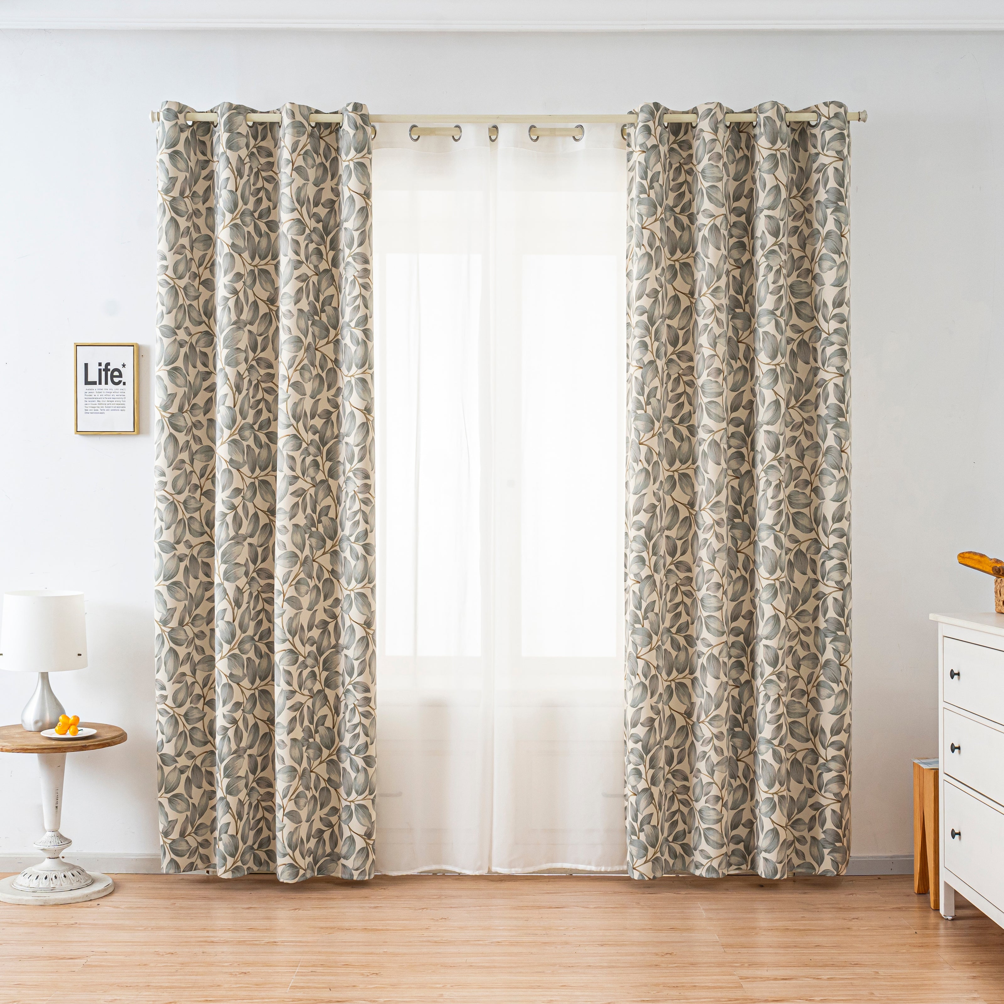 Grey Watercolor Leaf Linen Texture Curtains Grommet Top 2 Panel