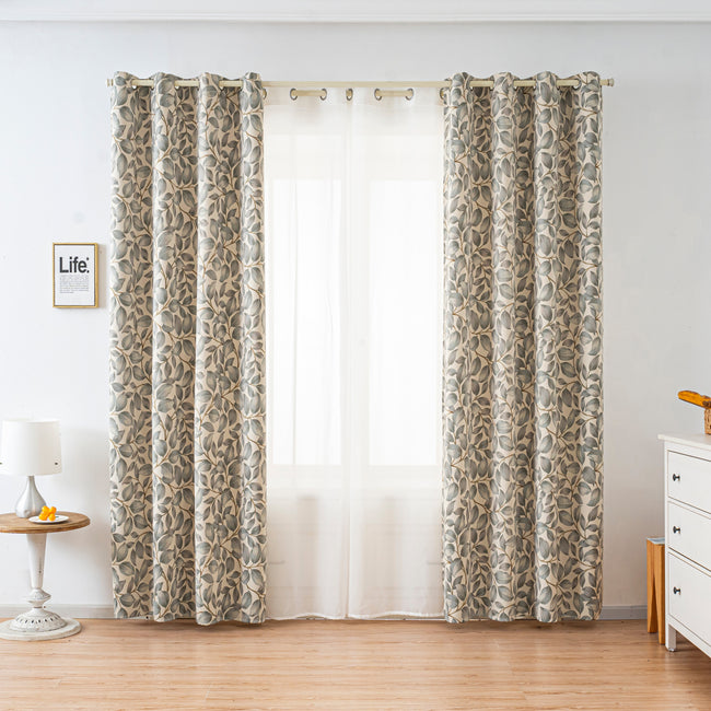 Grey Watercolor Leaf Linen Texture Curtains Grommet Top 2 Panel
