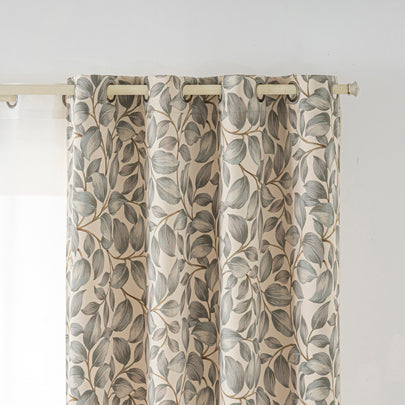 Grey Watercolor Leaf Linen Texture Curtains Grommet Top 2 Panel