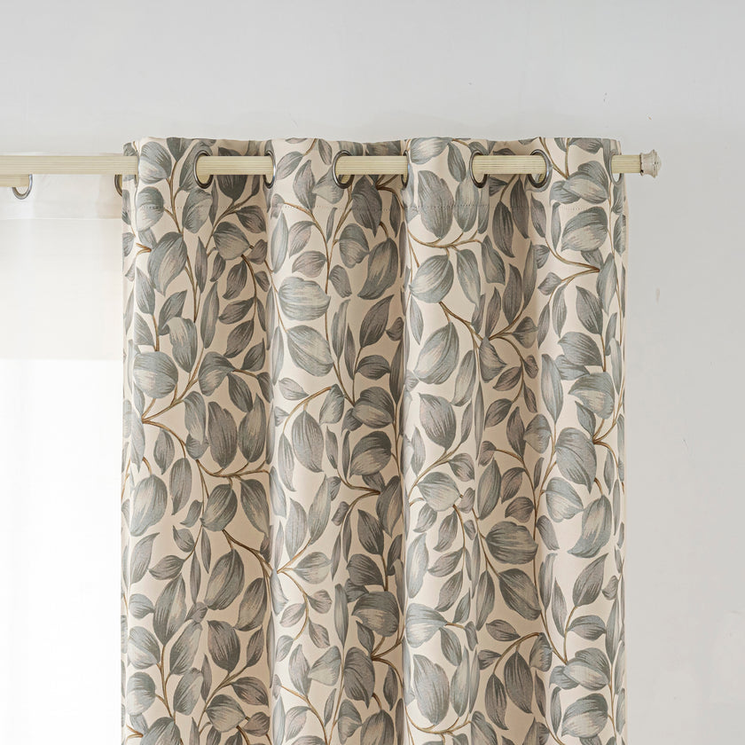 Grey Watercolor Leaf Linen Texture Curtains Grommet Top 2 Panel