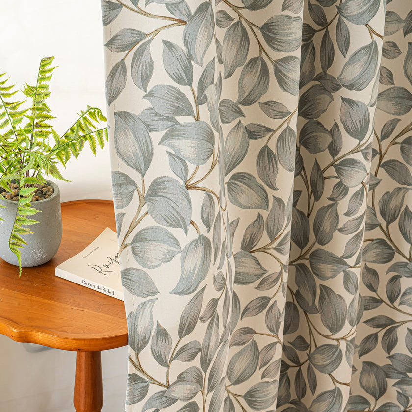 Grey Watercolor Leaf Linen Texture Curtains Grommet Top 2 Panel