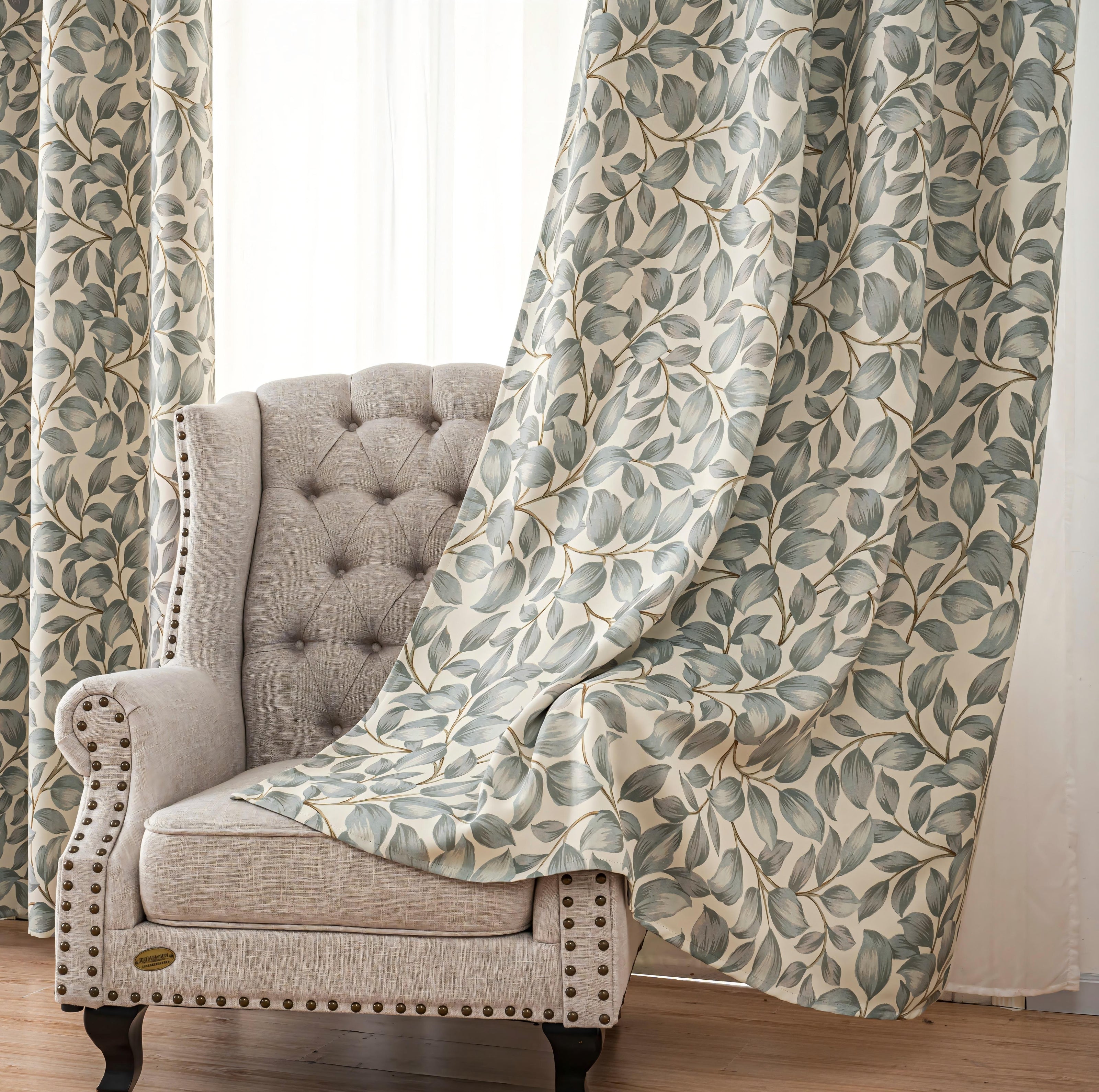 Grey Watercolor Leaf Linen Texture Curtains Grommet Top 2 Panel