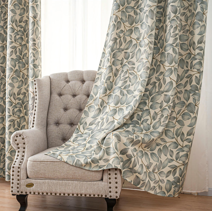 Grey Watercolor Leaf Linen Texture Curtains Grommet Top 2 Panel