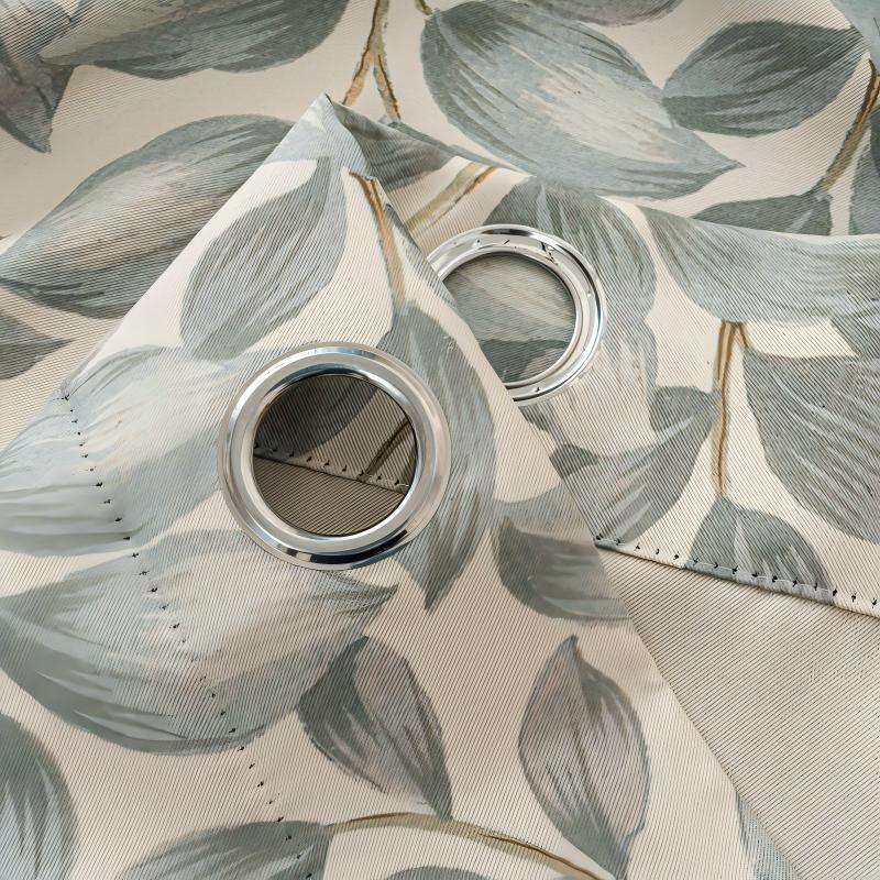 Grey Watercolor Leaf Linen Texture Curtains Grommet Top 2 Panel