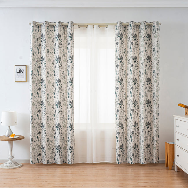 Dark Green Sketch Floral Leaf Linen Texture Curtains Grommet Top 2 Panel