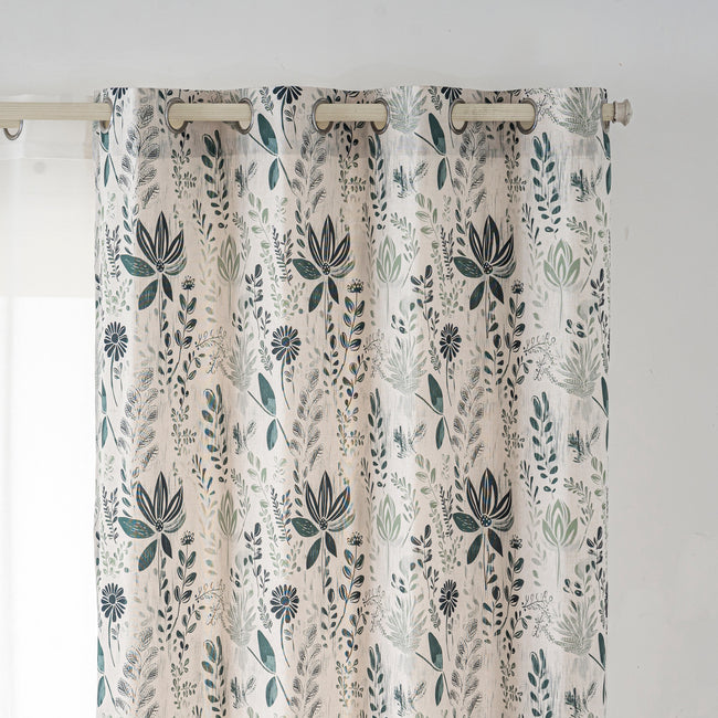 Dark Green Sketch Floral Leaf Linen Texture Curtains Grommet Top 2 Panel