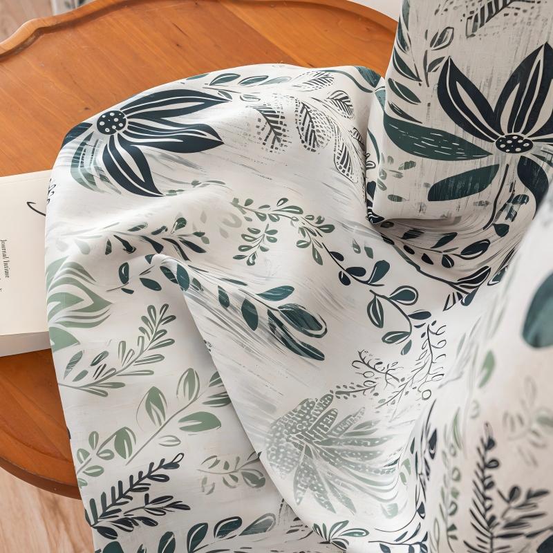 Dark Green Sketch Floral Leaf Linen Texture Curtains Grommet Top 2 Panel