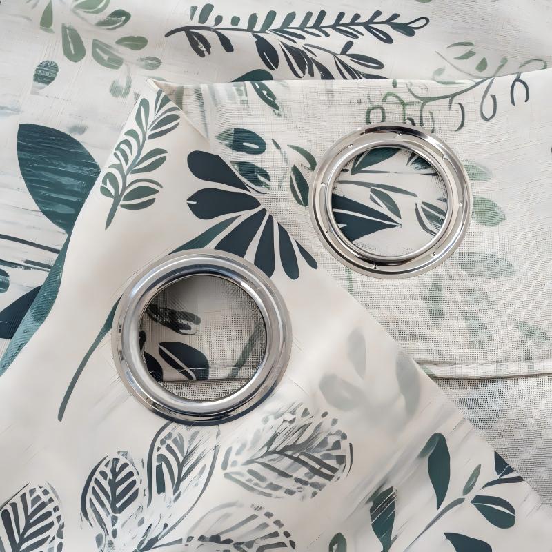 Dark Green Sketch Floral Leaf Linen Texture Curtains Grommet Top 2 Panel