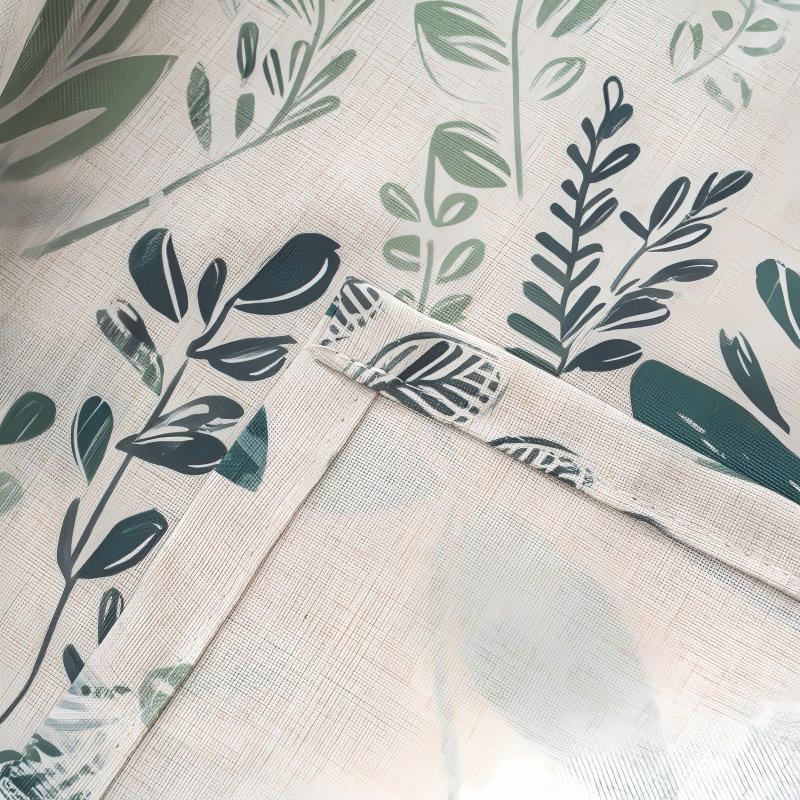 Dark Green Sketch Floral Leaf Linen Texture Curtains Grommet Top 2 Panel