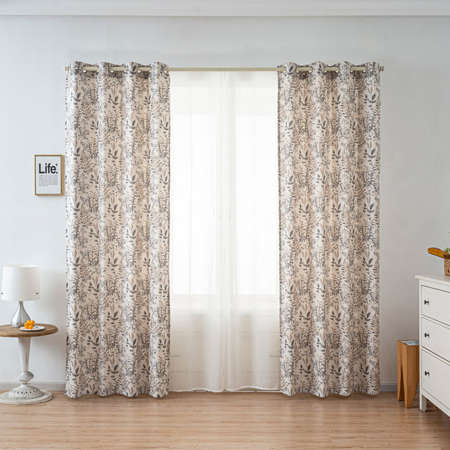 Muted Brown Vintage Twig Floral Linen Texture Curtains Grommet Top 2 Panel