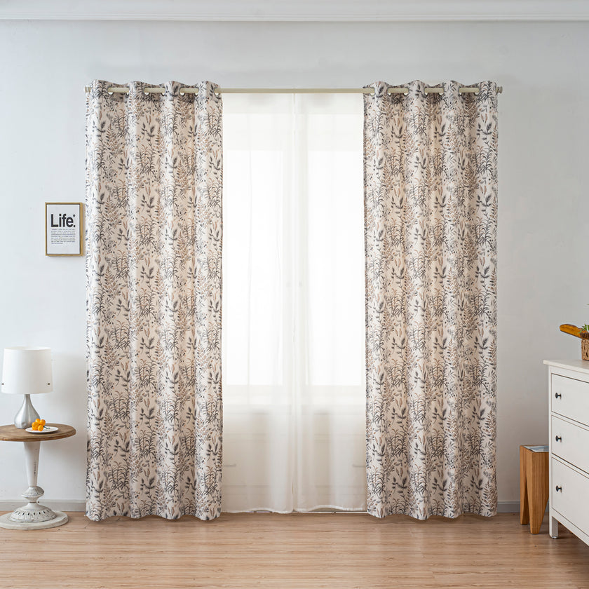 Muted Brown Vintage Twig Floral Linen Texture Curtains Grommet Top 2 Panel
