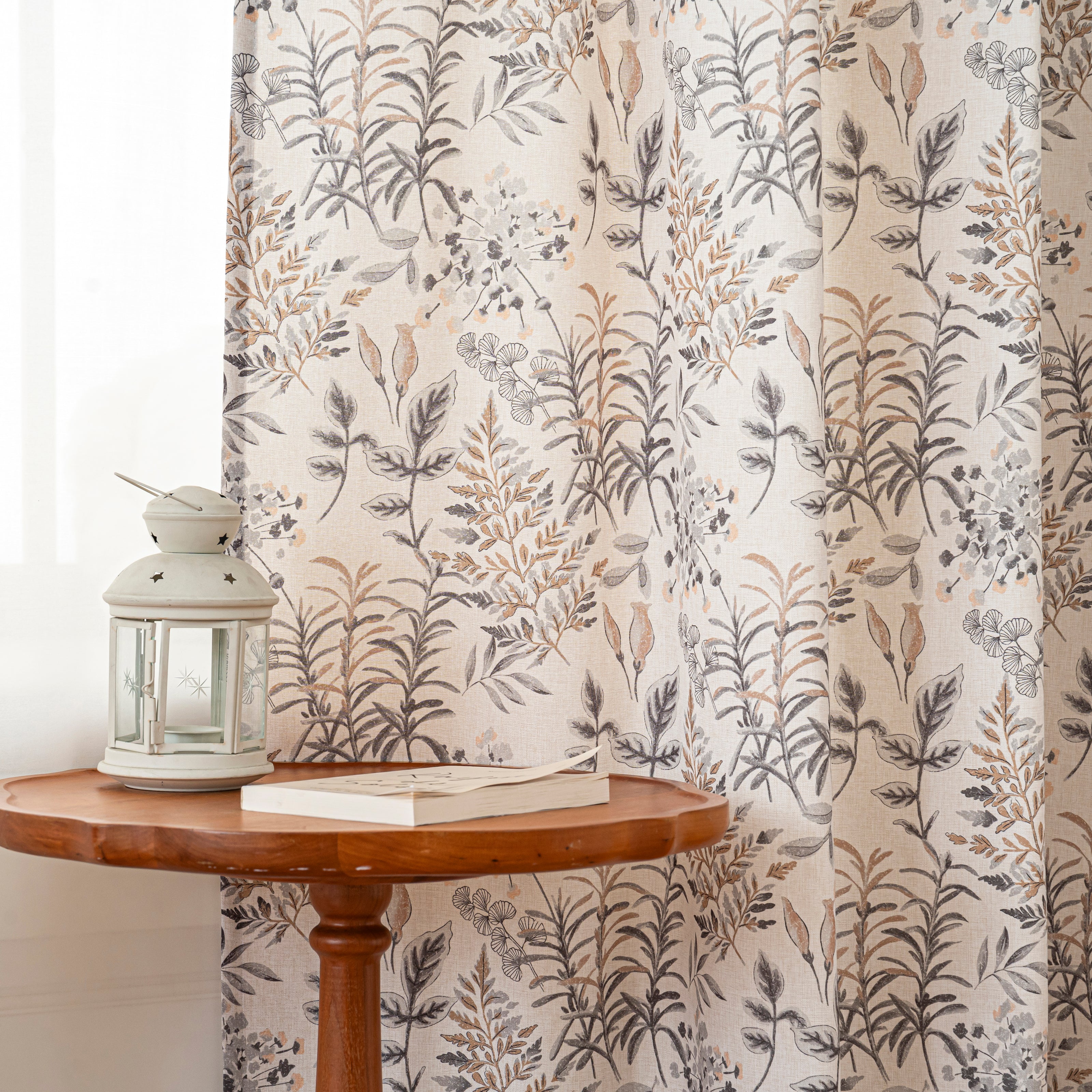 Muted Brown Vintage Twig Floral Linen Texture Curtains Grommet Top 2 Panel