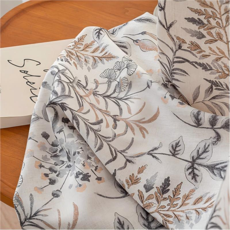 Muted Brown Vintage Twig Floral Linen Texture Curtains Grommet Top 2 Panel