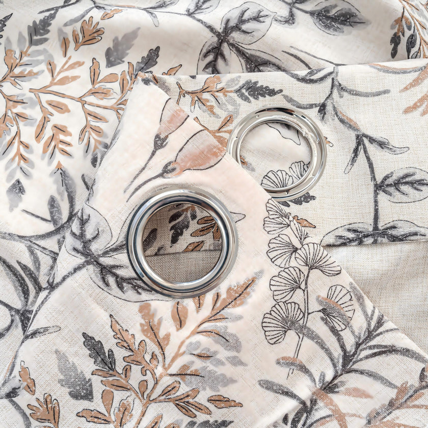 Muted Brown Vintage Twig Floral Linen Texture Curtains Grommet Top 2 Panel