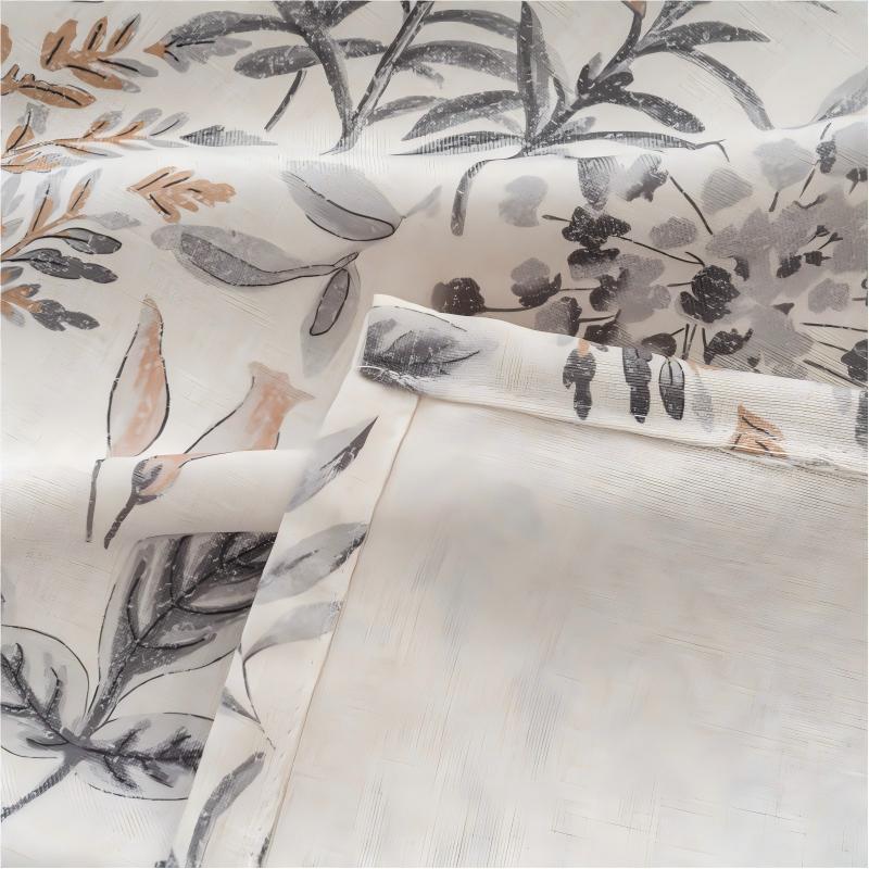 Muted Brown Vintage Twig Floral Linen Texture Curtains Grommet Top 2 Panel