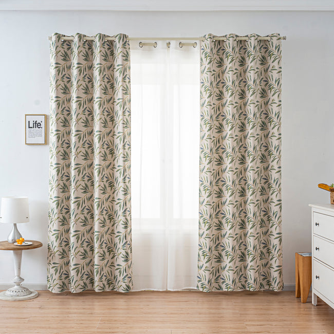 Fresh Green Olive Leaf Linen Texture Curtains Grommet Top 2 Panel