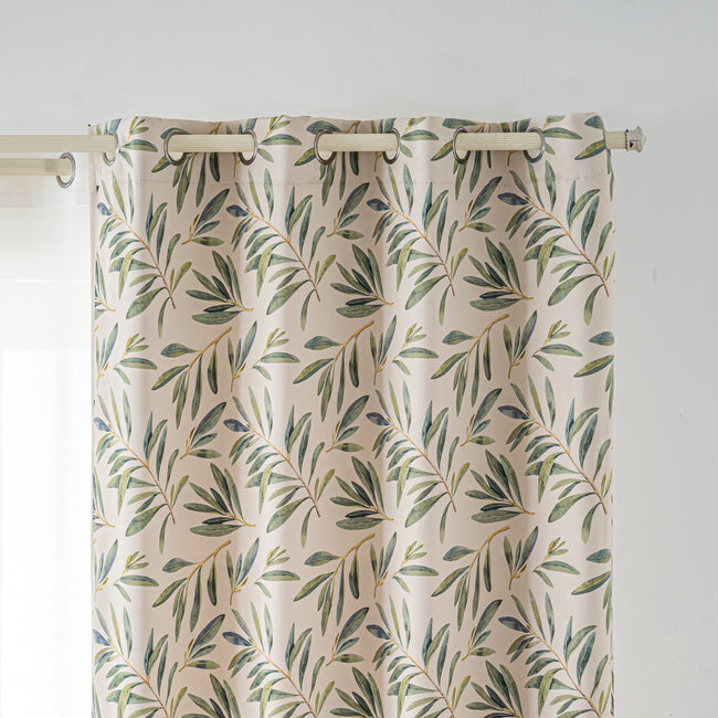 Fresh Green Olive Leaf Linen Texture Curtains Grommet Top 2 Panel