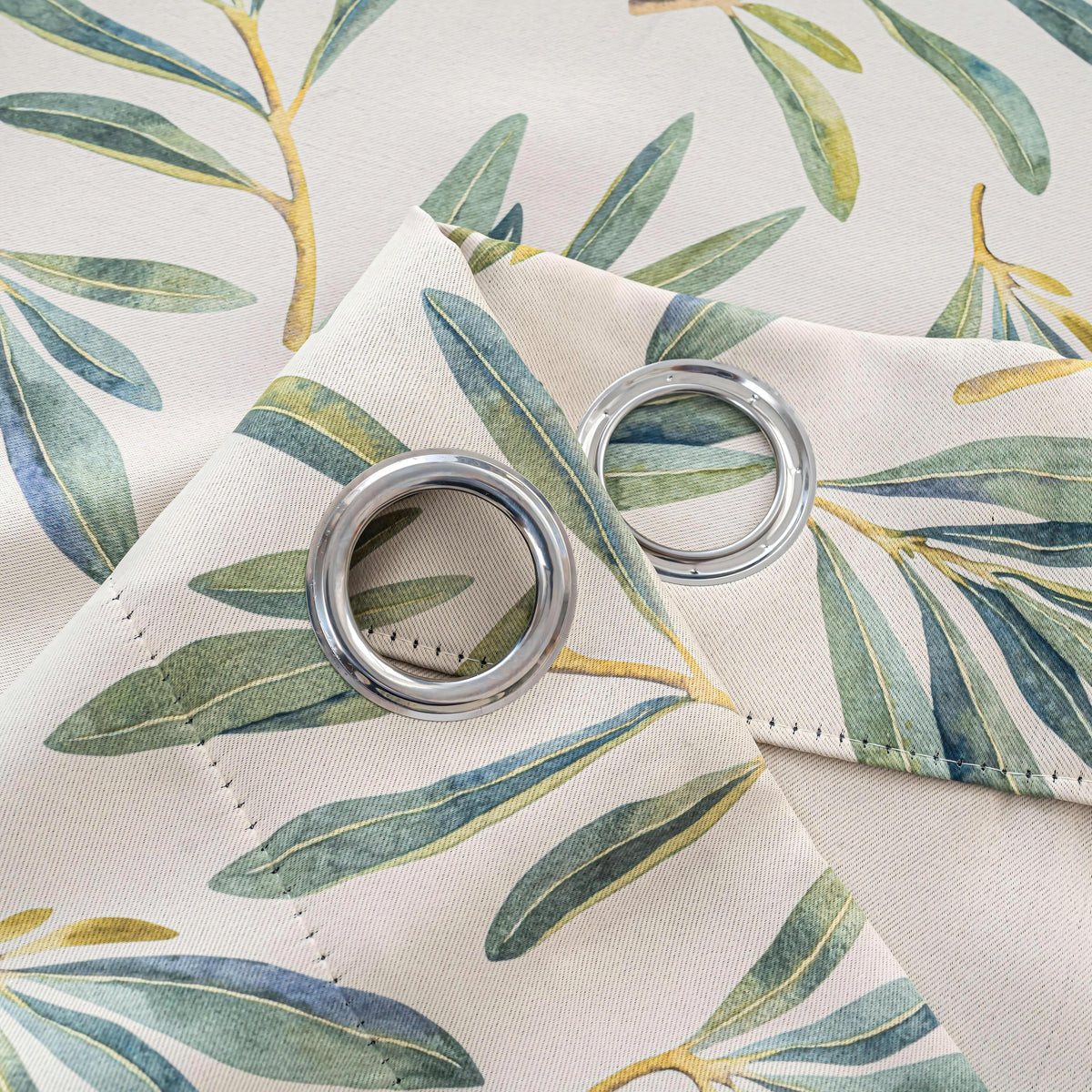 Fresh Green Olive Leaf Linen Texture Curtains Grommet Top 2 Panel