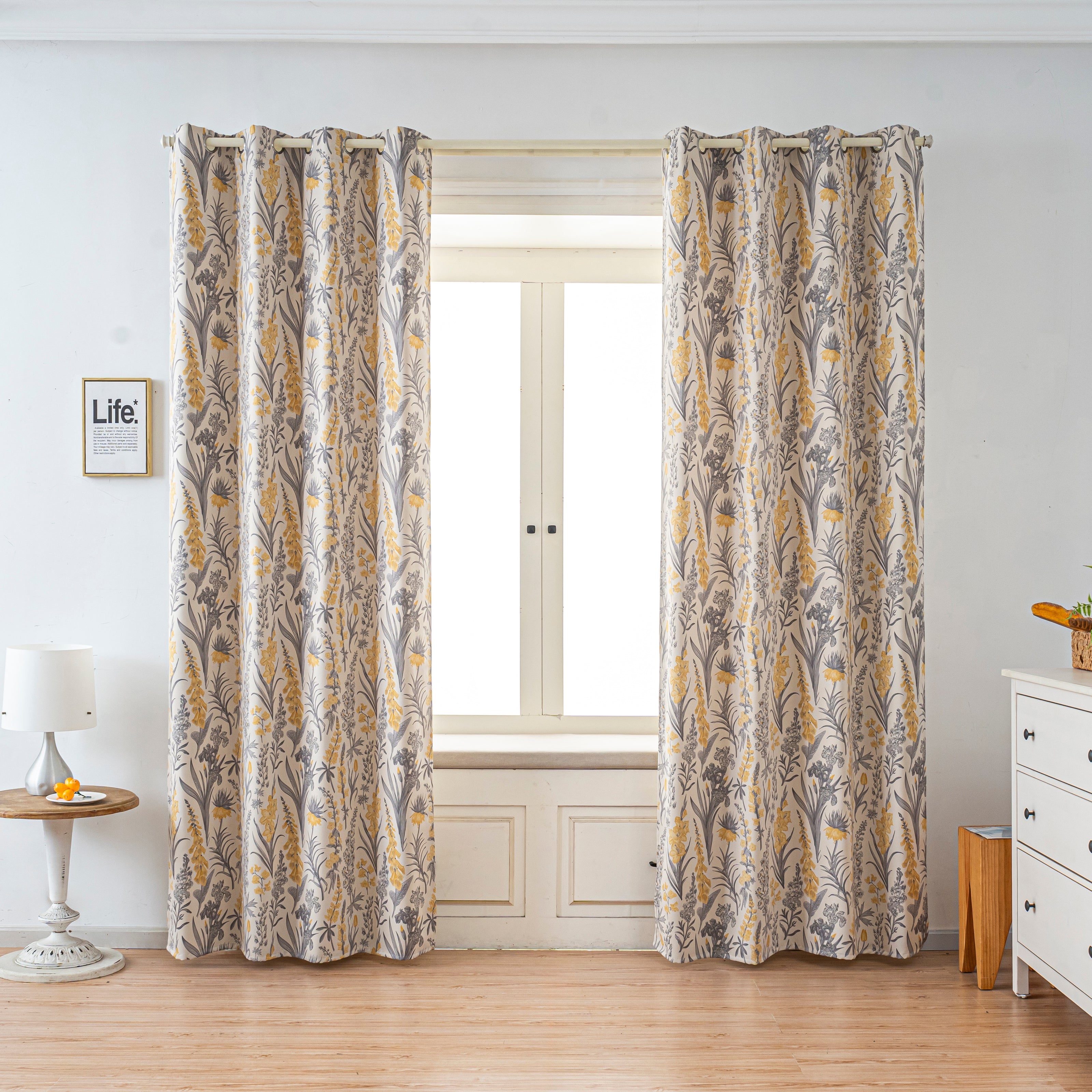 Yellow Grey Vintage Floral Linen Texture Curtains Grommet Top 2 Panel