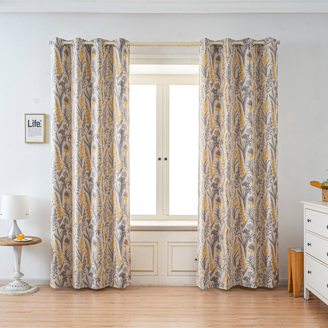 Yellow Grey Vintage Floral Linen Texture Curtains Grommet Top 2 Panel