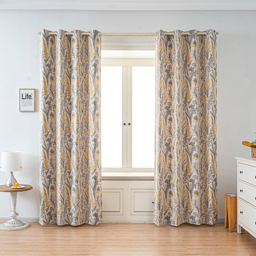 Yellow Grey Vintage Floral Linen Texture Curtains Grommet Top 2 Panel