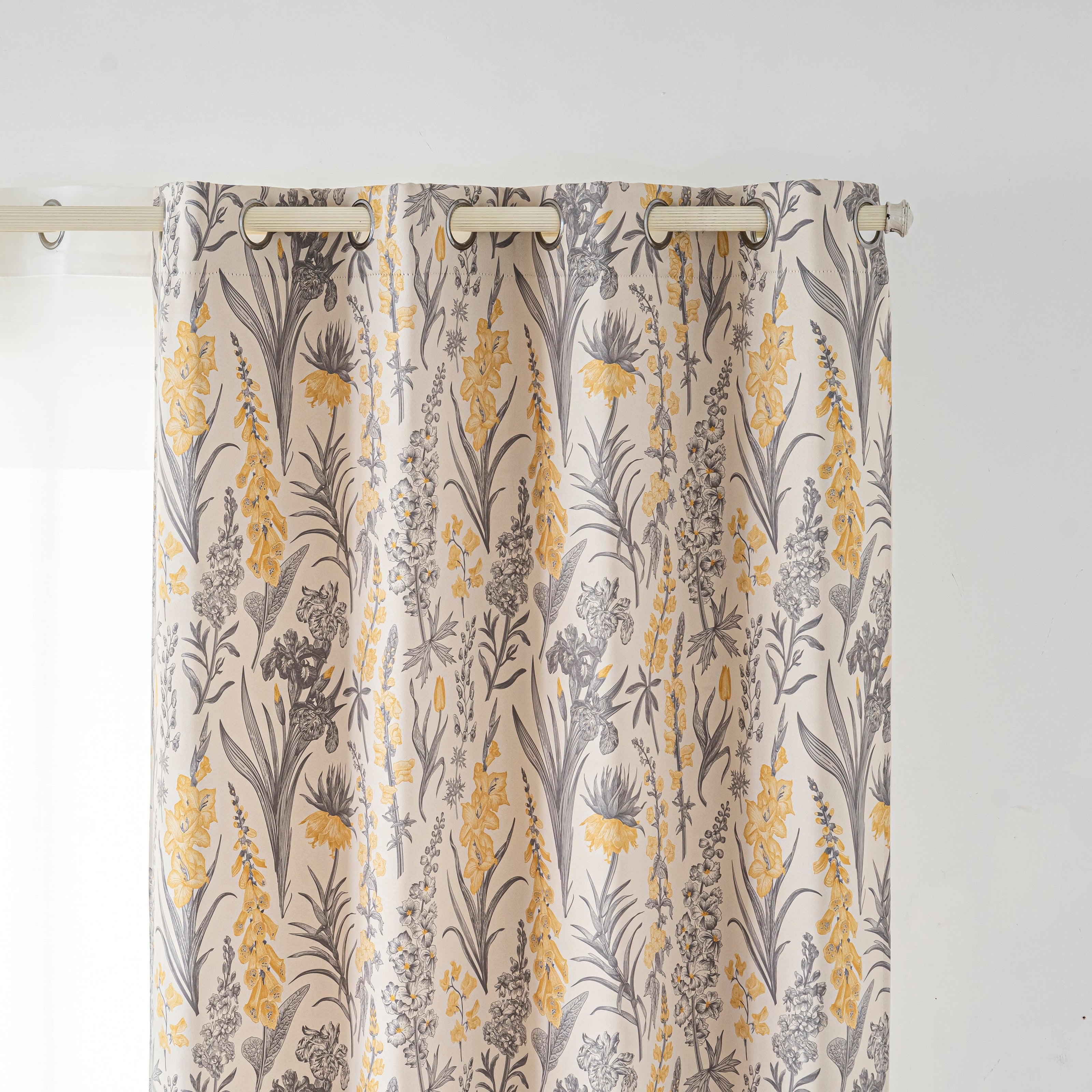 Yellow Grey Vintage Floral Linen Texture Curtains Grommet Top 2 Panel
