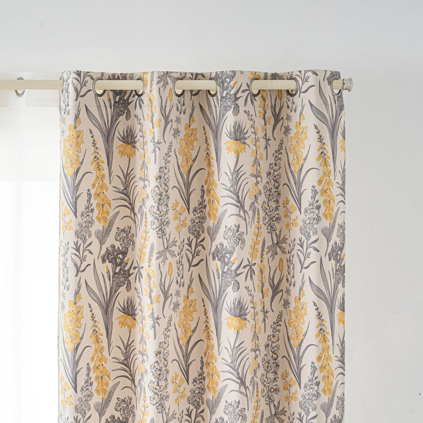 Yellow Grey Vintage Floral Linen Texture Curtains Grommet Top 2 Panel