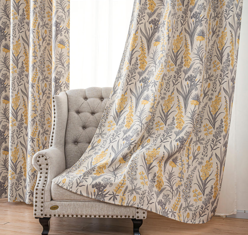 Yellow Grey Vintage Floral Linen Texture Curtains Grommet Top 2 Panel
