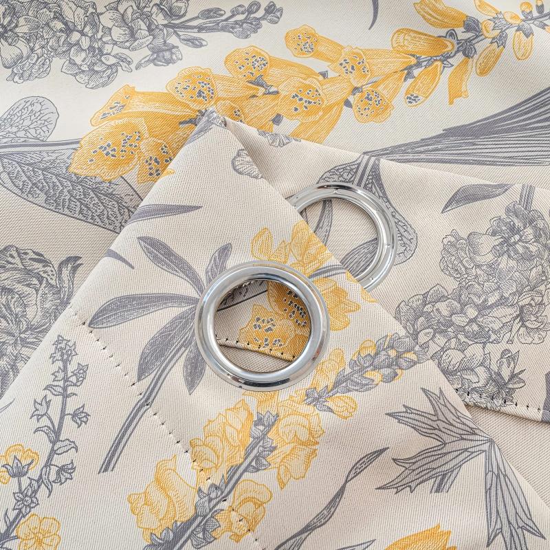 Yellow Grey Vintage Floral Linen Texture Curtains Grommet Top 2 Panel