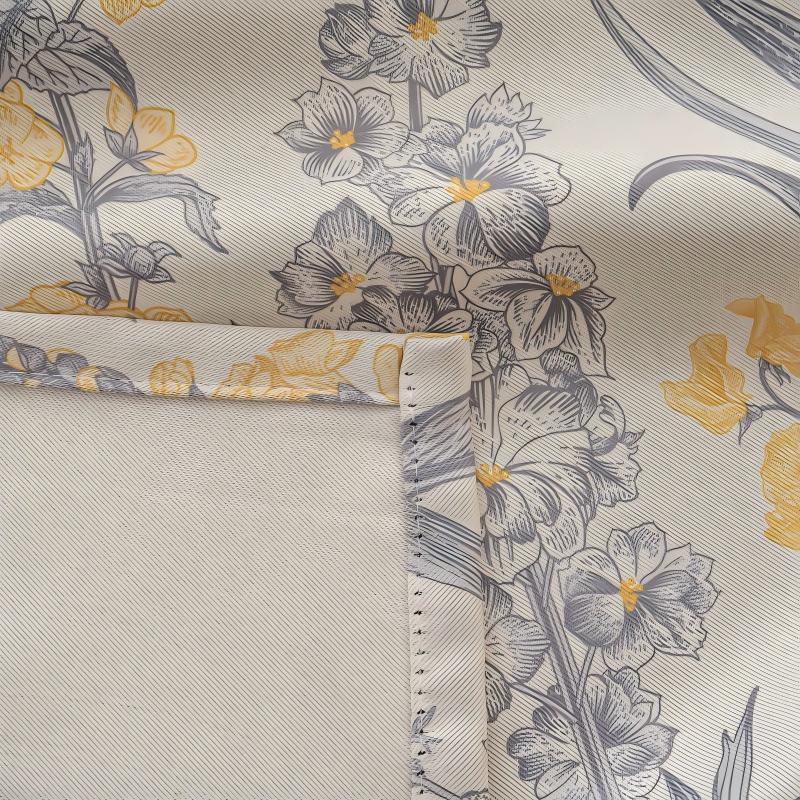 Yellow Grey Vintage Floral Linen Texture Curtains Grommet Top 2 Panel