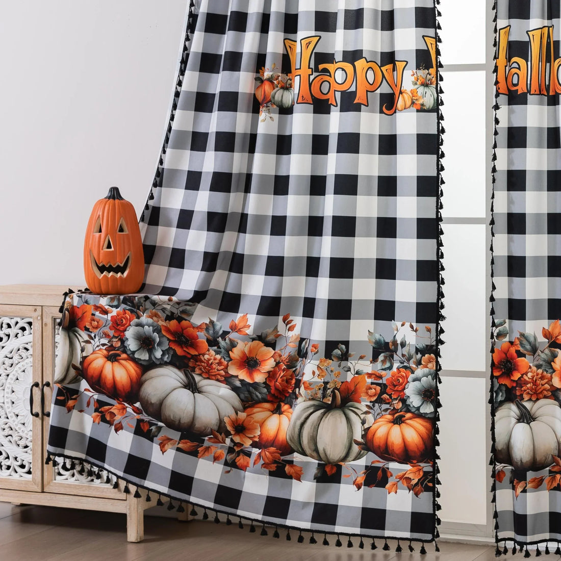 Bring festive charm to your home with this Halloween Curtain featuring black-and-white plaid, pumpkin and floral prints, and “Happy Halloween” design. Perfect seasonal décor for windows.