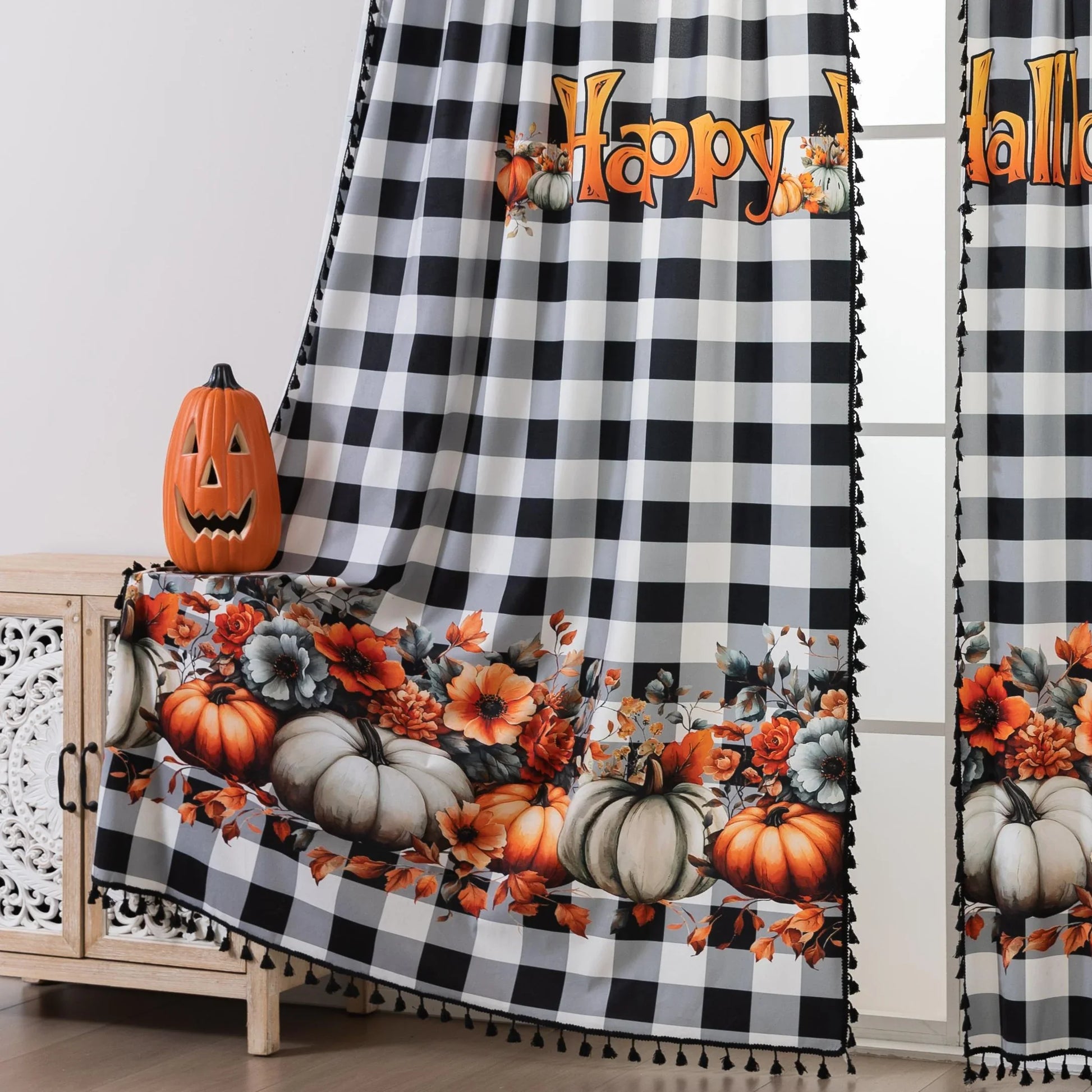 Bring festive charm to your home with this Halloween Curtain featuring black-and-white plaid, pumpkin and floral prints, and “Happy Halloween” design. Perfect seasonal décor for windows.