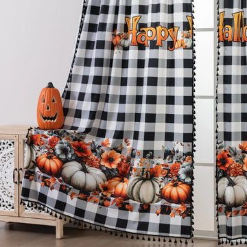 Bring festive charm to your home with this Halloween Curtain featuring black-and-white plaid, pumpkin and floral prints, and “Happy Halloween” design. Perfect seasonal décor for windows.