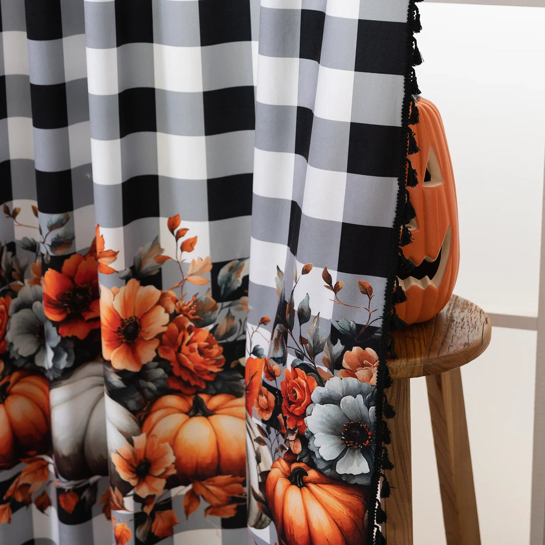 Bring festive charm to your home with this Halloween Curtain featuring black-and-white plaid, pumpkin and floral prints, and “Happy Halloween” design. Perfect seasonal décor for windows.