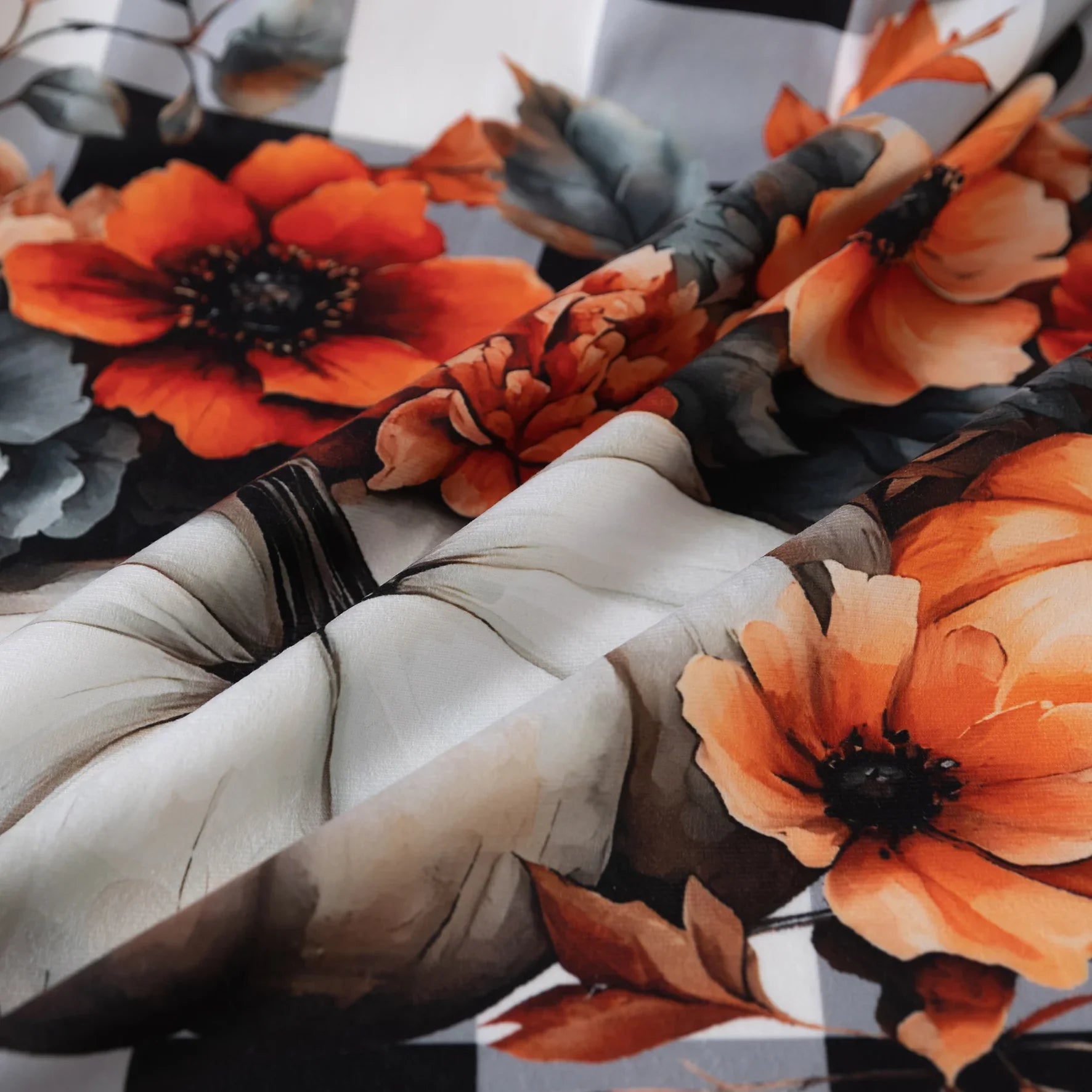 Bring festive charm to your home with this Halloween Curtain featuring black-and-white plaid, pumpkin and floral prints, and “Happy Halloween” design. Perfect seasonal décor for windows.