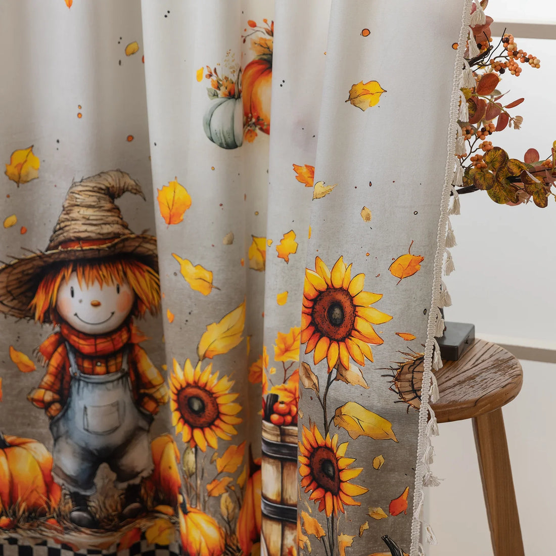 Bring cozy autumn vibes to your home with this Fall Curtain featuring pumpkins, sunflowers, leaves, and scarecrow design. Perfect seasonal window décor for Thanksgiving and harvest time.