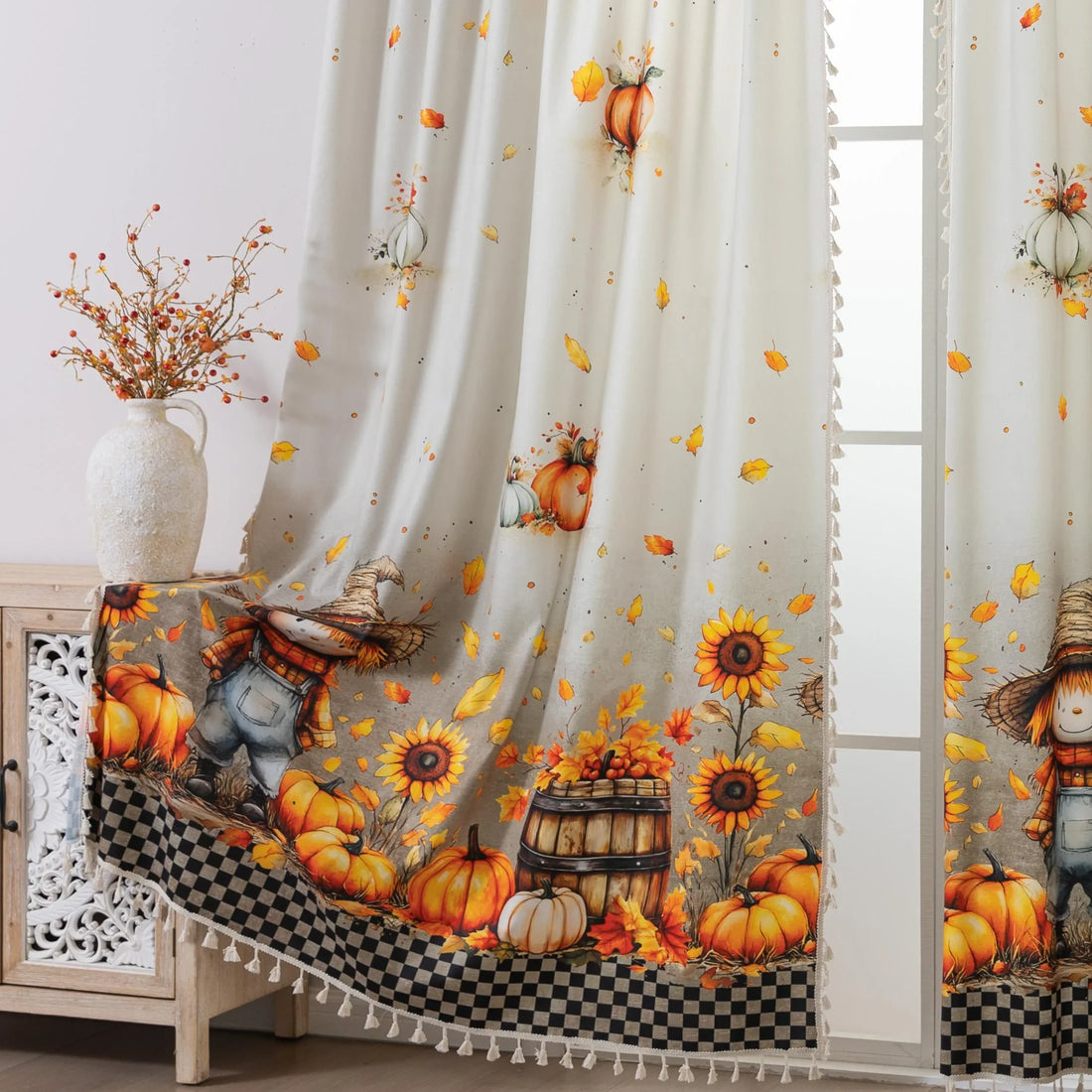 Bring cozy autumn vibes to your home with this Fall Curtain featuring pumpkins, sunflowers, leaves, and scarecrow design. Perfect seasonal window décor for Thanksgiving and harvest time.