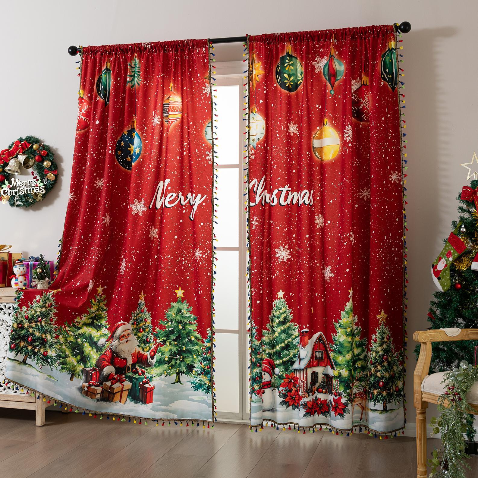 Add festive charm with this Merry Christmas Curtain featuring red holiday print, Santa, trees, snowflakes, and ornaments. Perfect Christmas window décor for a warm holiday home.