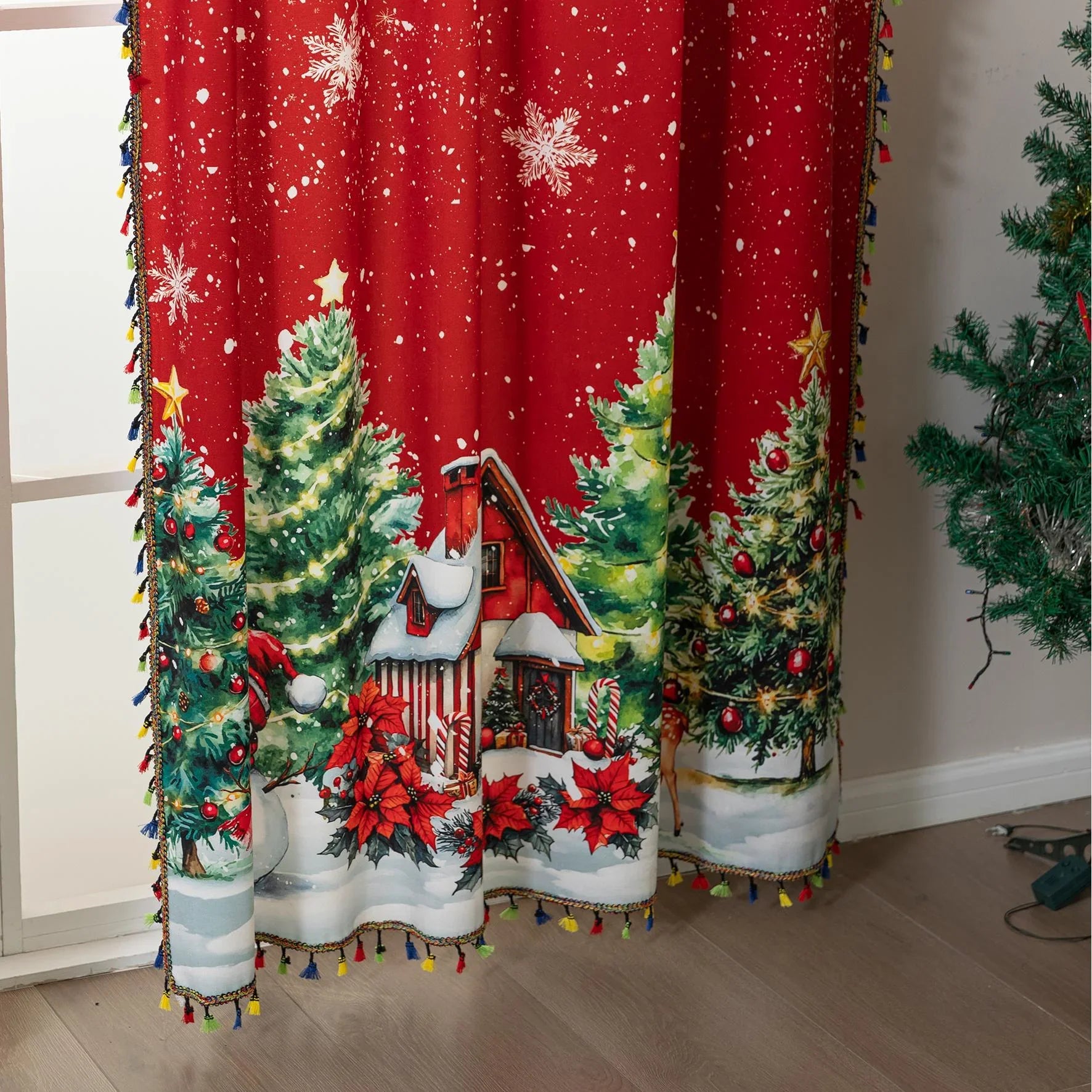 Add festive charm with this Merry Christmas Curtain featuring red holiday print, Santa, trees, snowflakes, and ornaments. Perfect Christmas window décor for a warm holiday home.