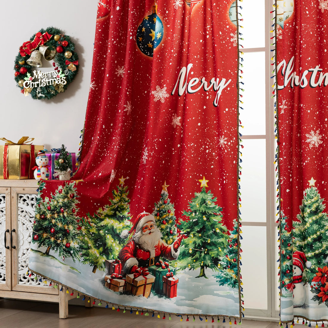 Add festive charm with this Merry Christmas Curtain featuring red holiday print, Santa, trees, snowflakes, and ornaments. Perfect Christmas window décor for a warm holiday home.