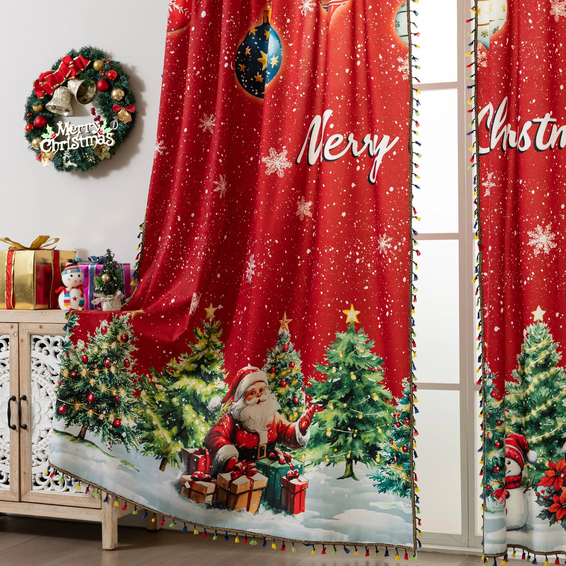 Add festive charm with this Merry Christmas Curtain featuring red holiday print, Santa, trees, snowflakes, and ornaments. Perfect Christmas window décor for a warm holiday home.