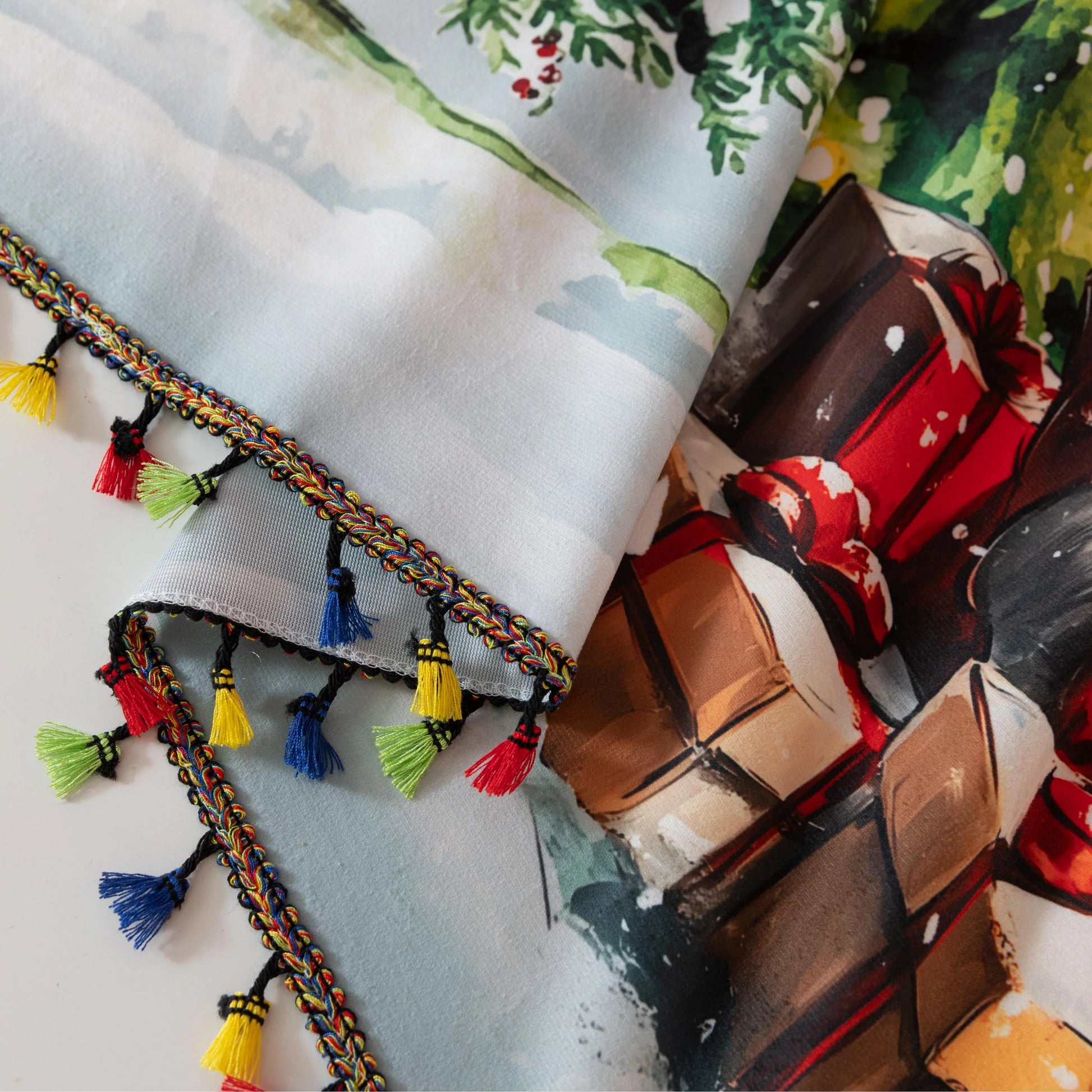Add festive charm with this Merry Christmas Curtain featuring red holiday print, Santa, trees, snowflakes, and ornaments. Perfect Christmas window décor for a warm holiday home.