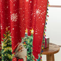 Add festive charm with this Merry Christmas Curtain featuring red holiday print, Santa, trees, snowflakes, and ornaments. Perfect Christmas window décor for a warm holiday home.