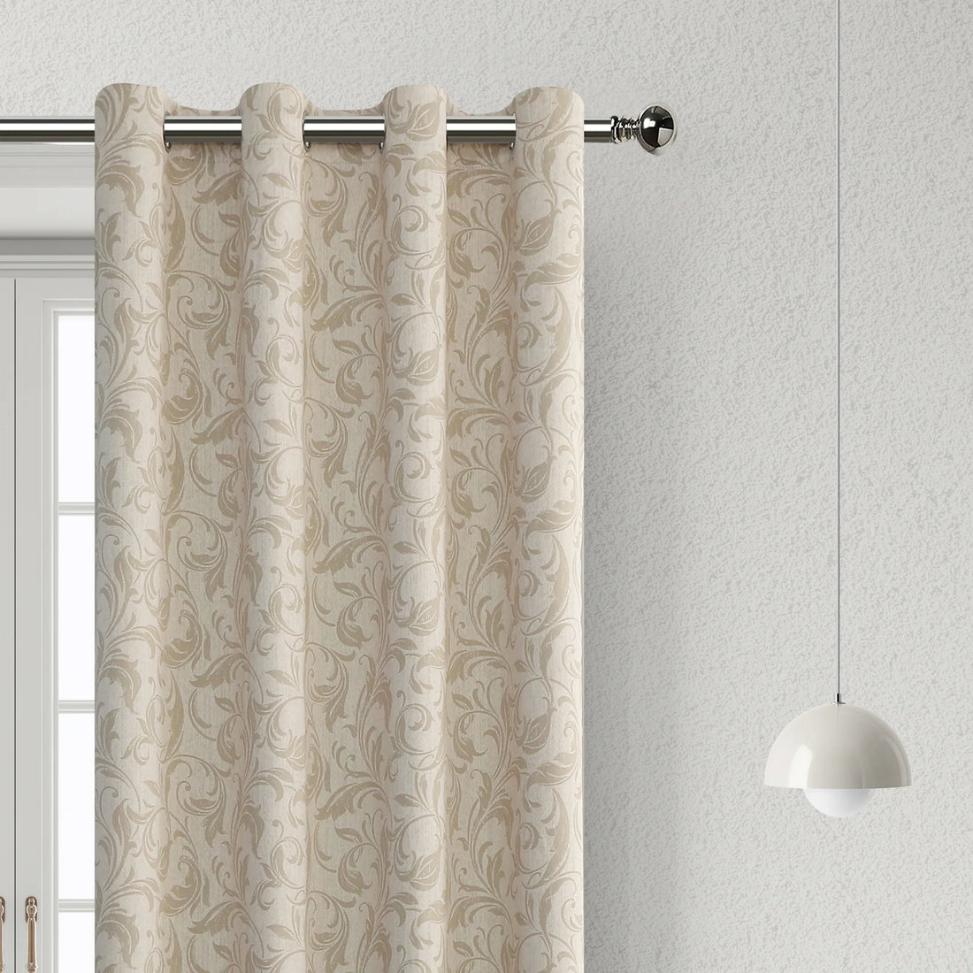 Beige blackout curtain with elegant floral patterns, offering excellent light blocking, enhanced privacy, and a warm, sophisticated look for living rooms, bedrooms, or home offices.
